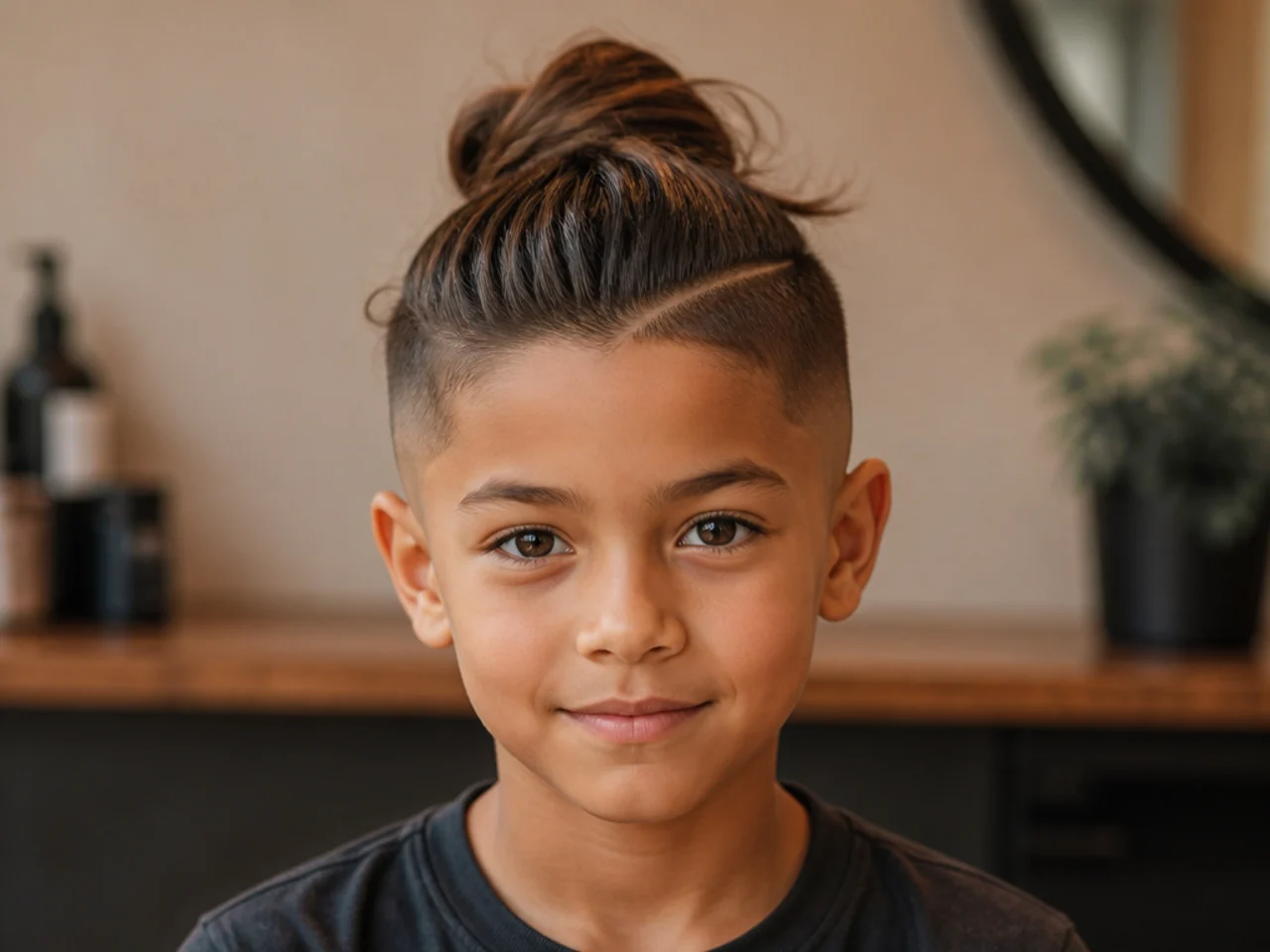 A boy with long hair tied back