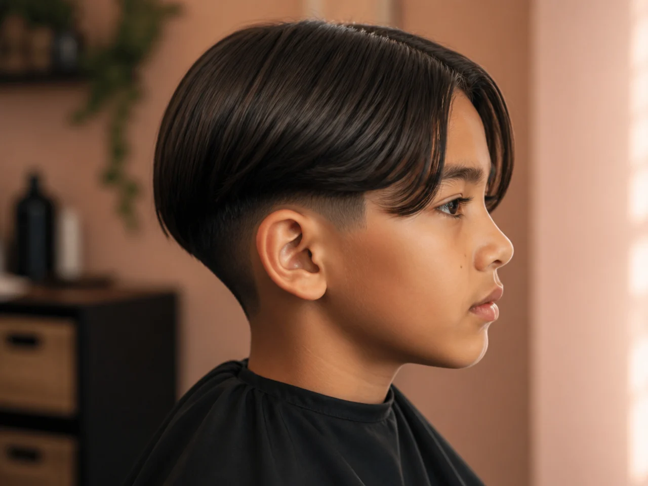 A boy with long straight hair and a middle parting
