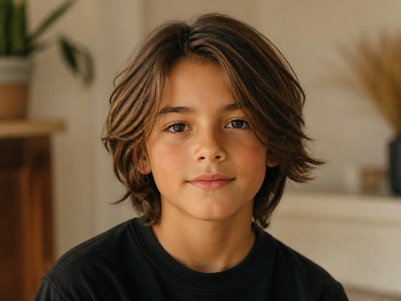 A boy with grown-out layers reaching the jaw