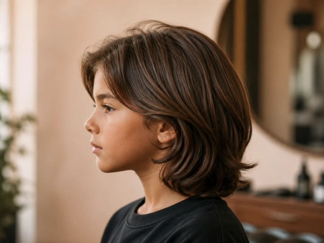 A boy with shoulder length one length hair