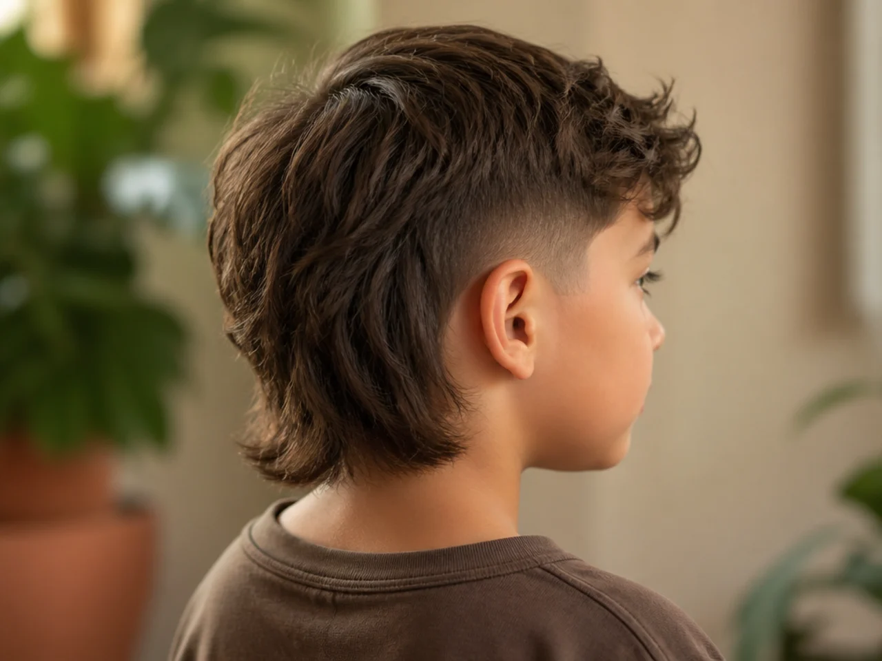 A boy with a mullet cut to sit above the collar