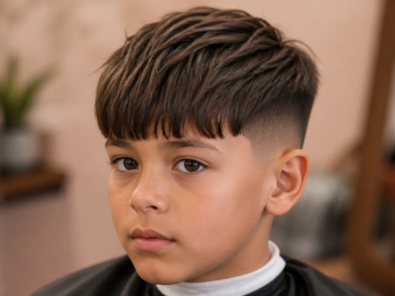 A boy with a long fringe cut just above the eyebrow
