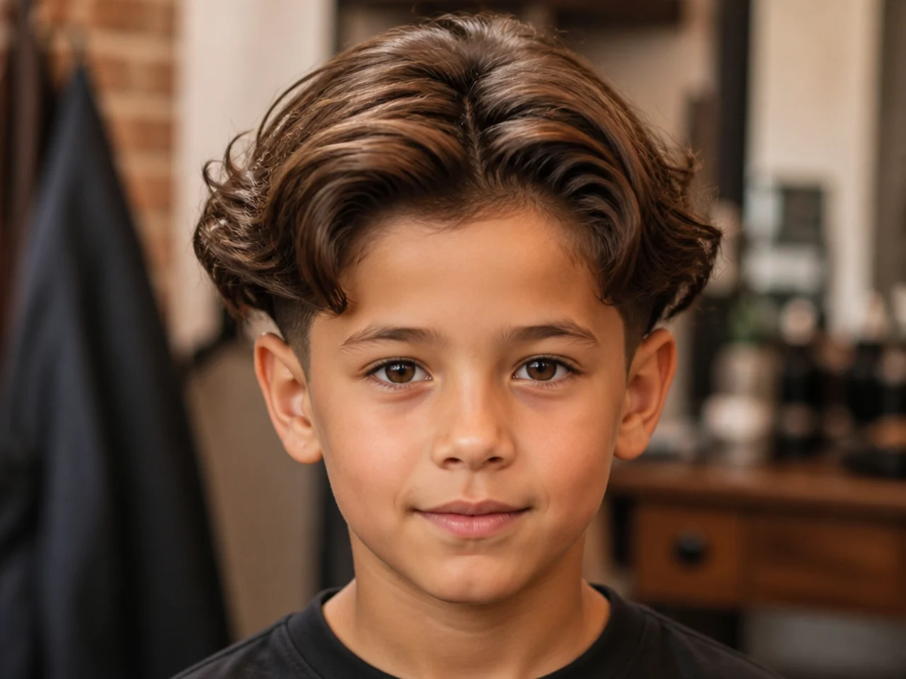A boy with long hair and the nape tapered up off the collar