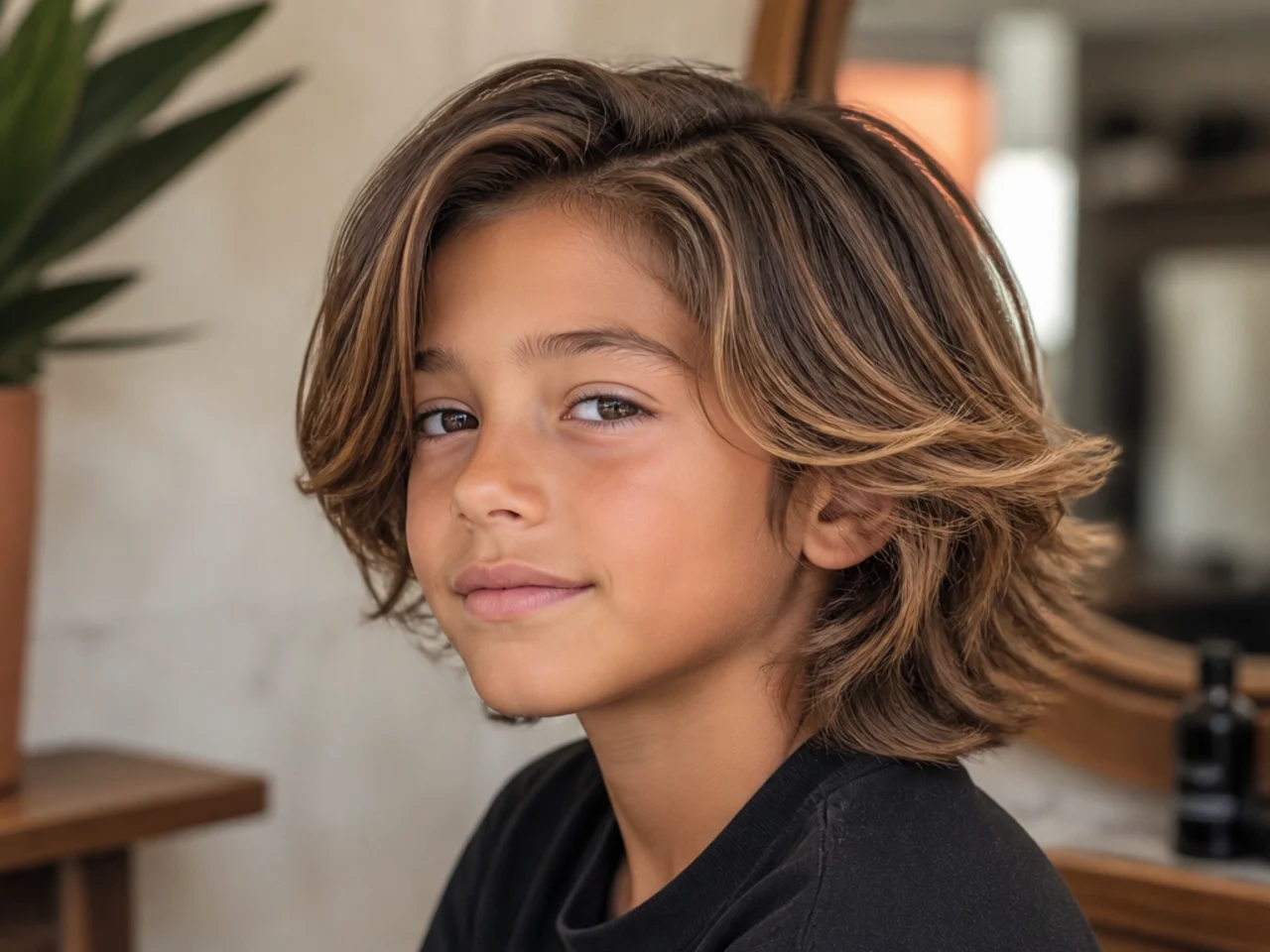 A boy with long surfer layers and a side parting