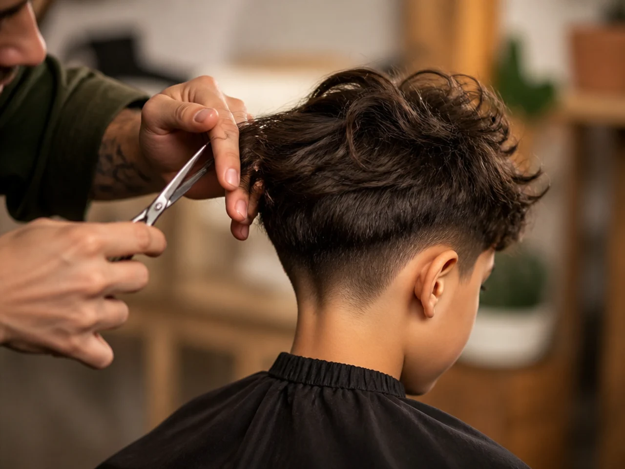 A barber point cutting through a boy's long hair
