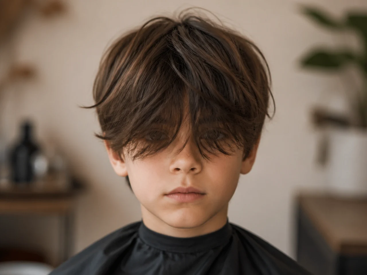 A boy's long fringe falling into his eyes