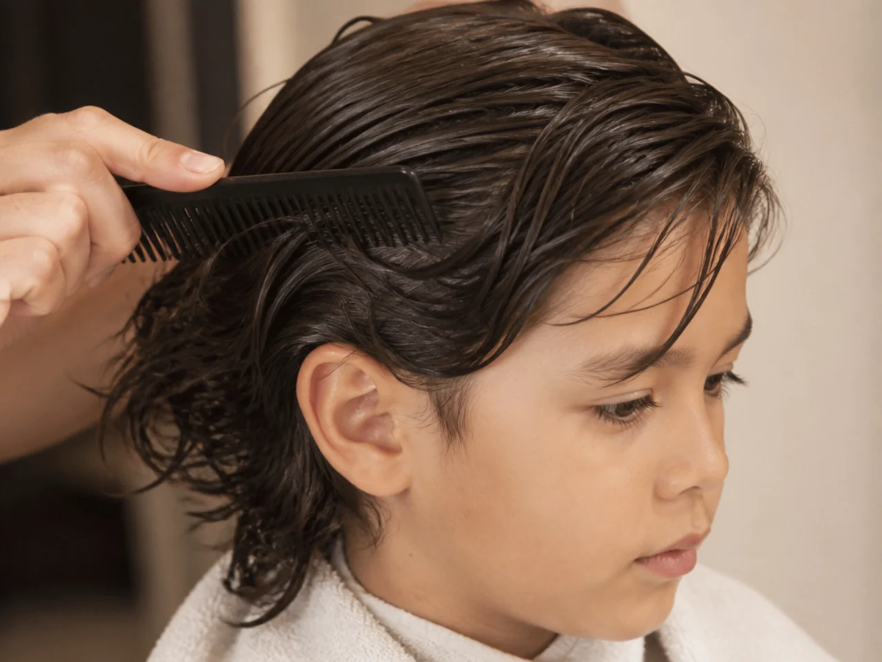 A boy's long hair being combed while damp