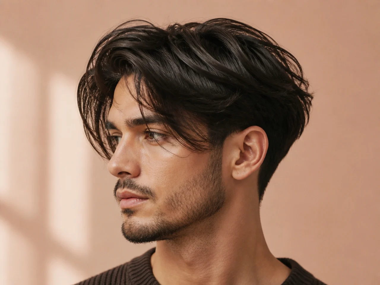 Long textured two block with heavy point-cut piecey ends across 6 inches of top on straight black hair