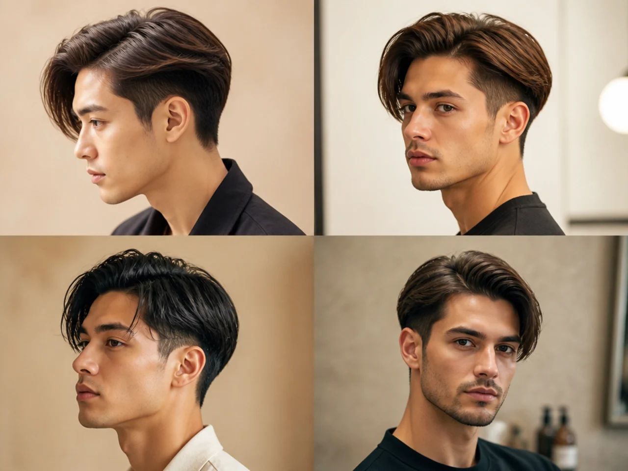 Long side-part two block with firm hard side part and asymmetric 7 to 5 inch top on straight blond hair