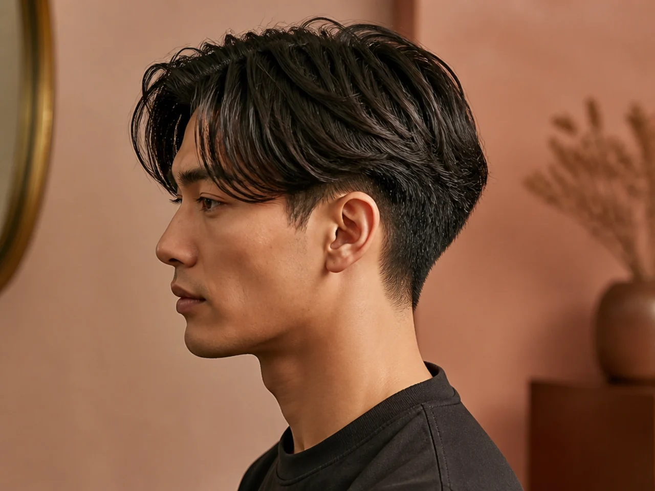 Long two block with subtle low taper fade at the sideburn and 6 inches of top on straight black hair
