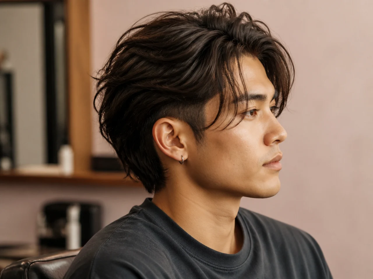 Long two block undercut with hard-line disconnect at the temple and 7 inches of top on straight black hair