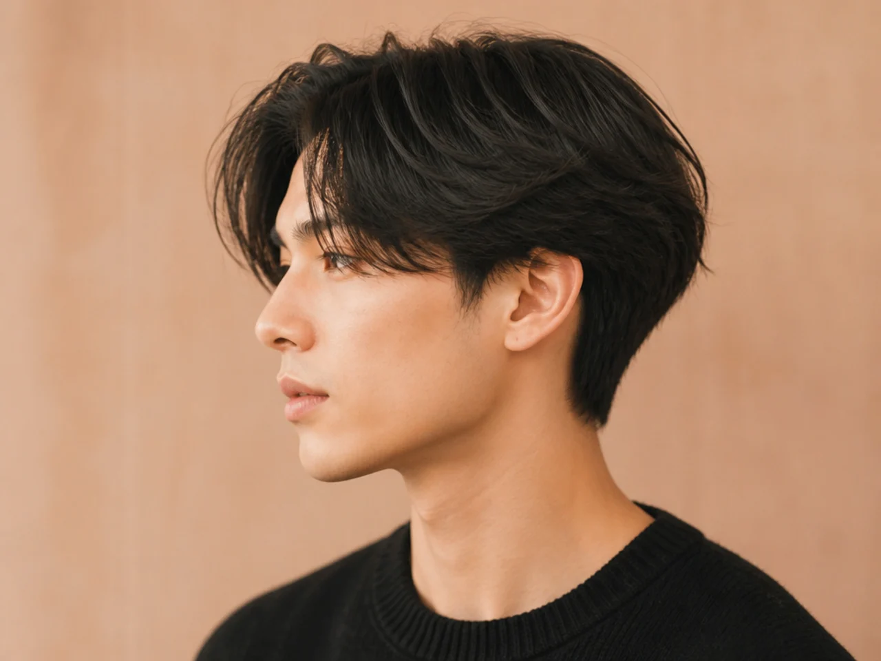 Long two block bowl cut with rounded perimeter skimming the eyebrows and cheekbones on straight black hair