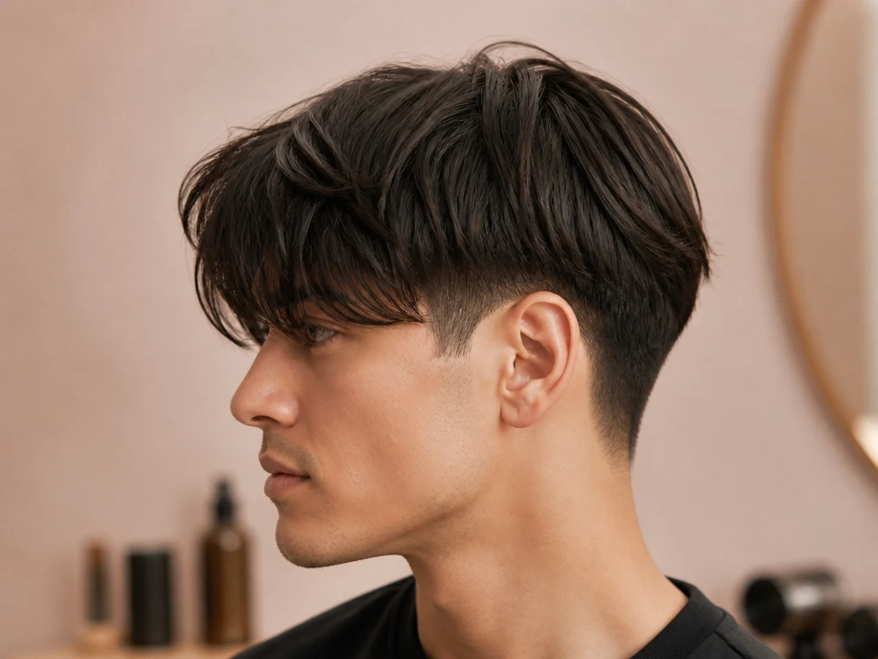Long fringe-forward two block with heavy fringe swept forward across the forehead on straight black hair