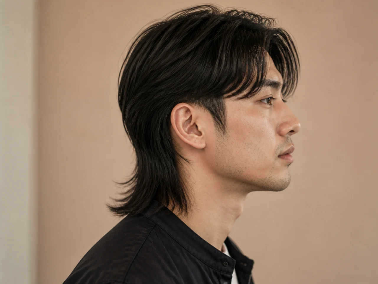 Long two block mullet with hidden sides and long back past the collar on wavy black hair