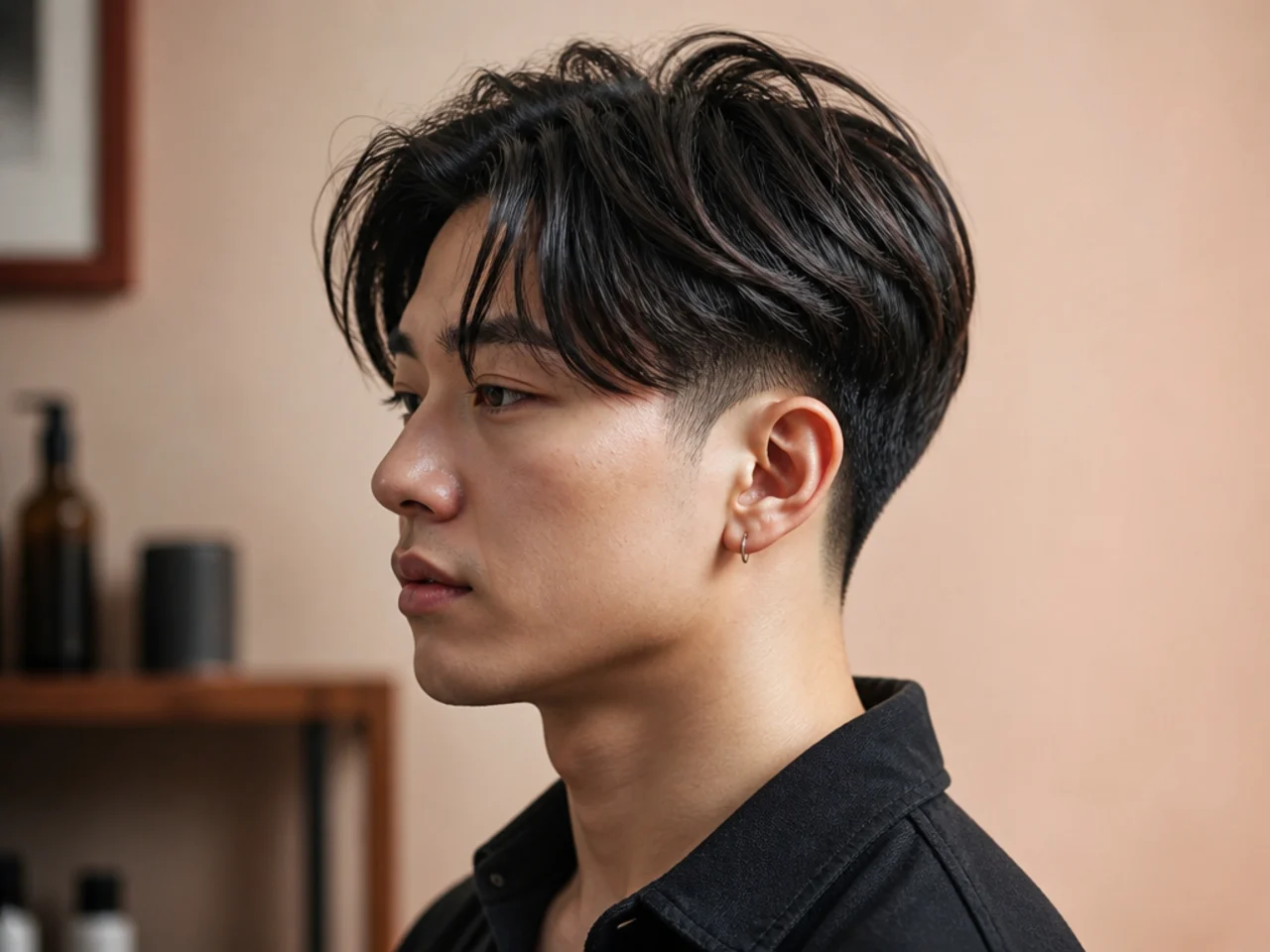 Long two block with drop fade curving down behind the ear and 6 inches of top on wavy chestnut hair