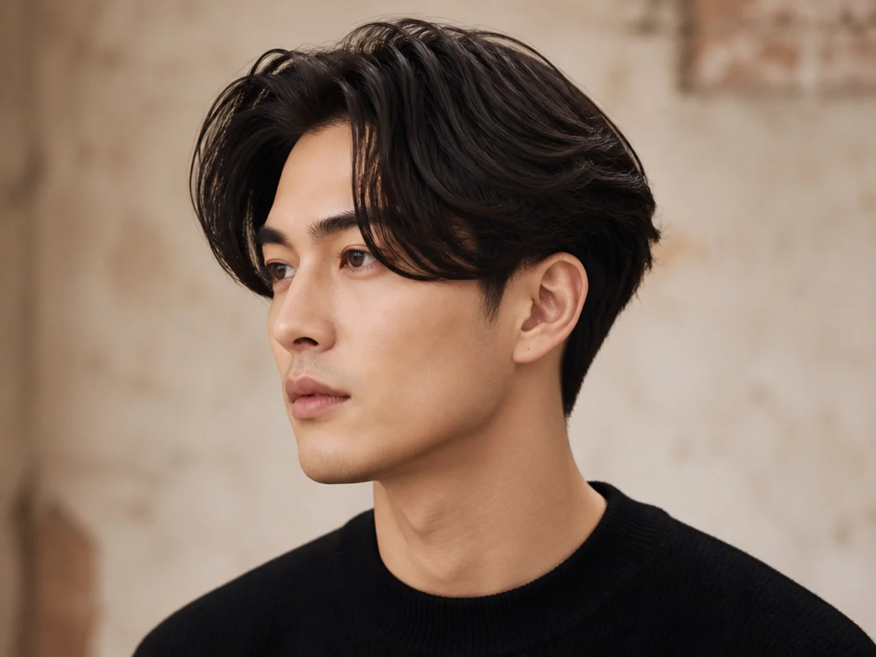 Long curtain two block with center-parted fringe falling past the eyebrows on straight brown hair