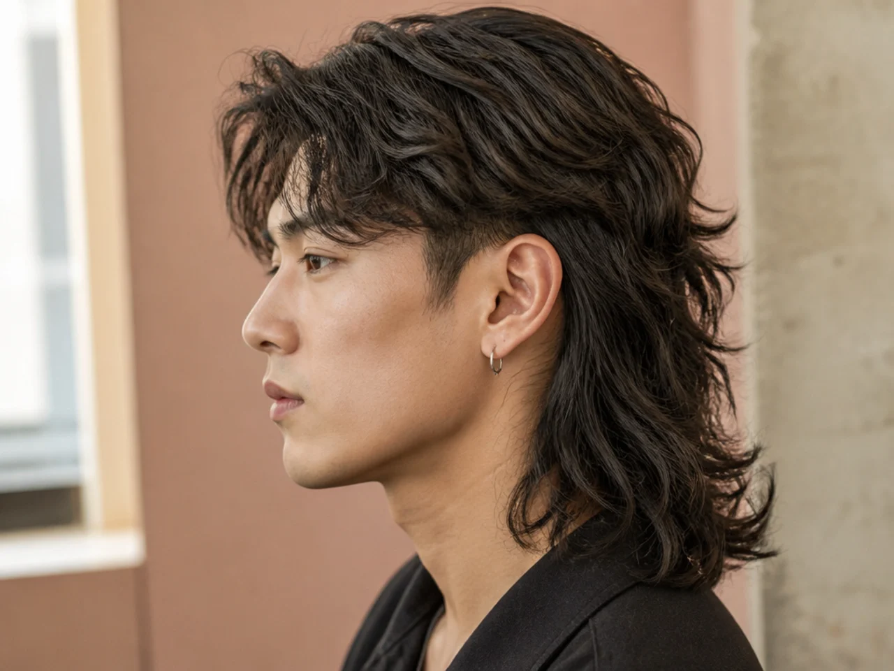 Long wolf perm two block with defined wave through every layer on 7 inches of black hair