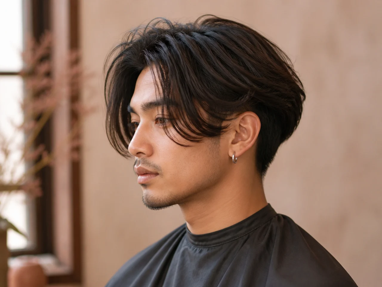 Long layered two block with stepped 7 to 4 inch lengths across the top on straight brown hair