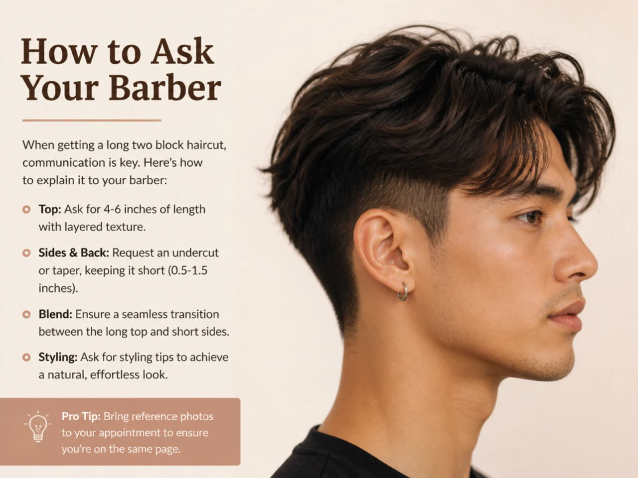 Barber consulting on a long two block haircut with K-fashion reference photos on a phone