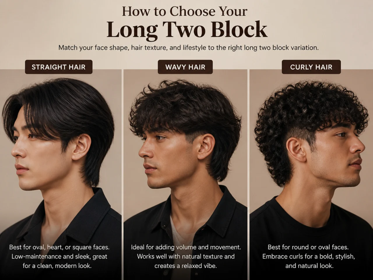 Three-quarter portrait of a long two block haircut showing 6 inches of drape and hidden clipper sides at the temple