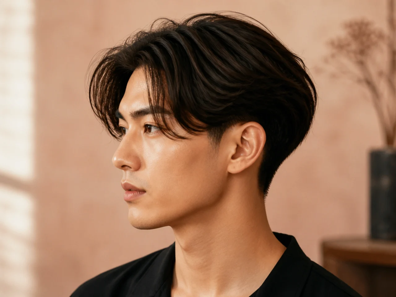 Long two block haircut with 6 inches of drape on top and hidden clipper sides on straight black hair