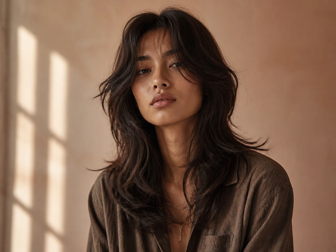 Long wolf cut with curtain bangs