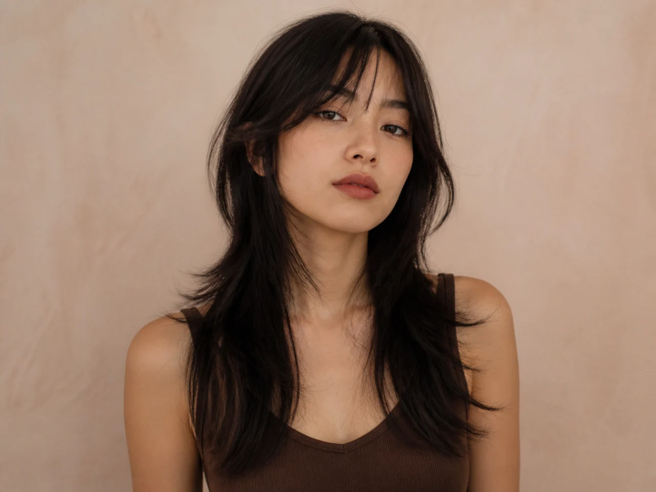 Long wolf cut on straight hair with visible layering