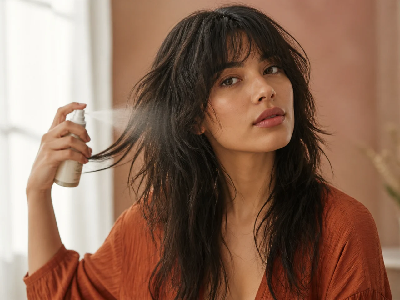 Salt spray applied to the mid-lengths of long layered hair