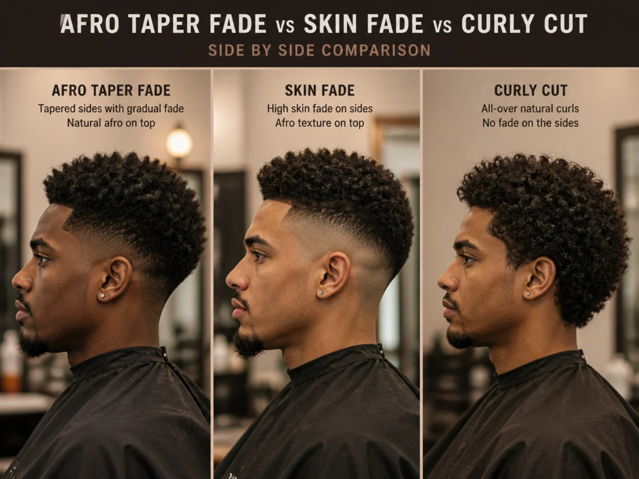 Three-panel comparison of an afro taper fade, a skin fade with afro top, and a full curly cut without any fade side by side on Black men