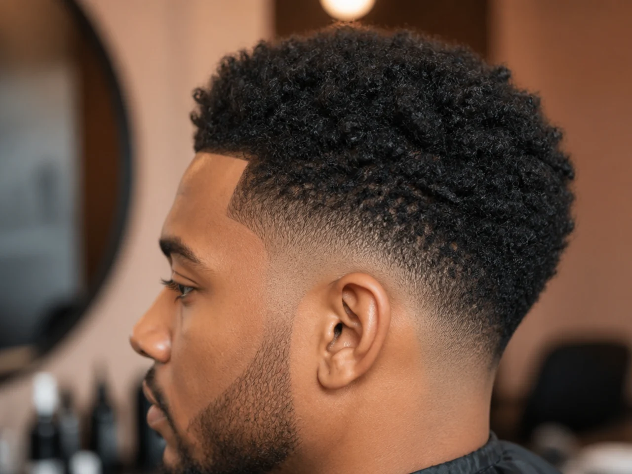 Close-up of the transition zone on an afro taper fade showing how the 4C coil pattern flows continuously from the crown to the tapered sides