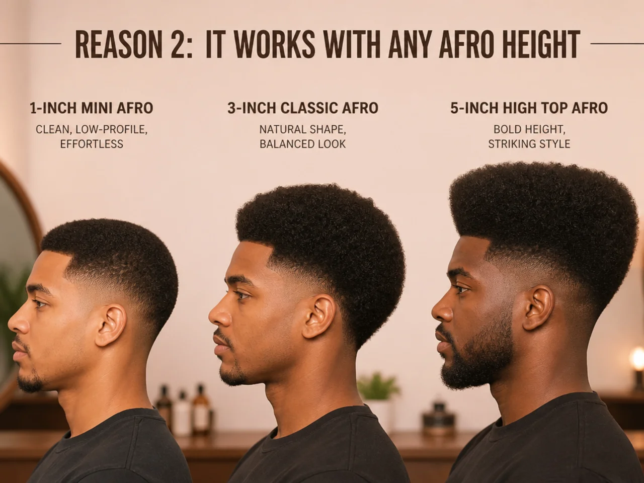 Three Black men side by side wearing a one-inch mini afro, a three-inch classic afro, and a five-inch high top afro — all paired with a low taper fade