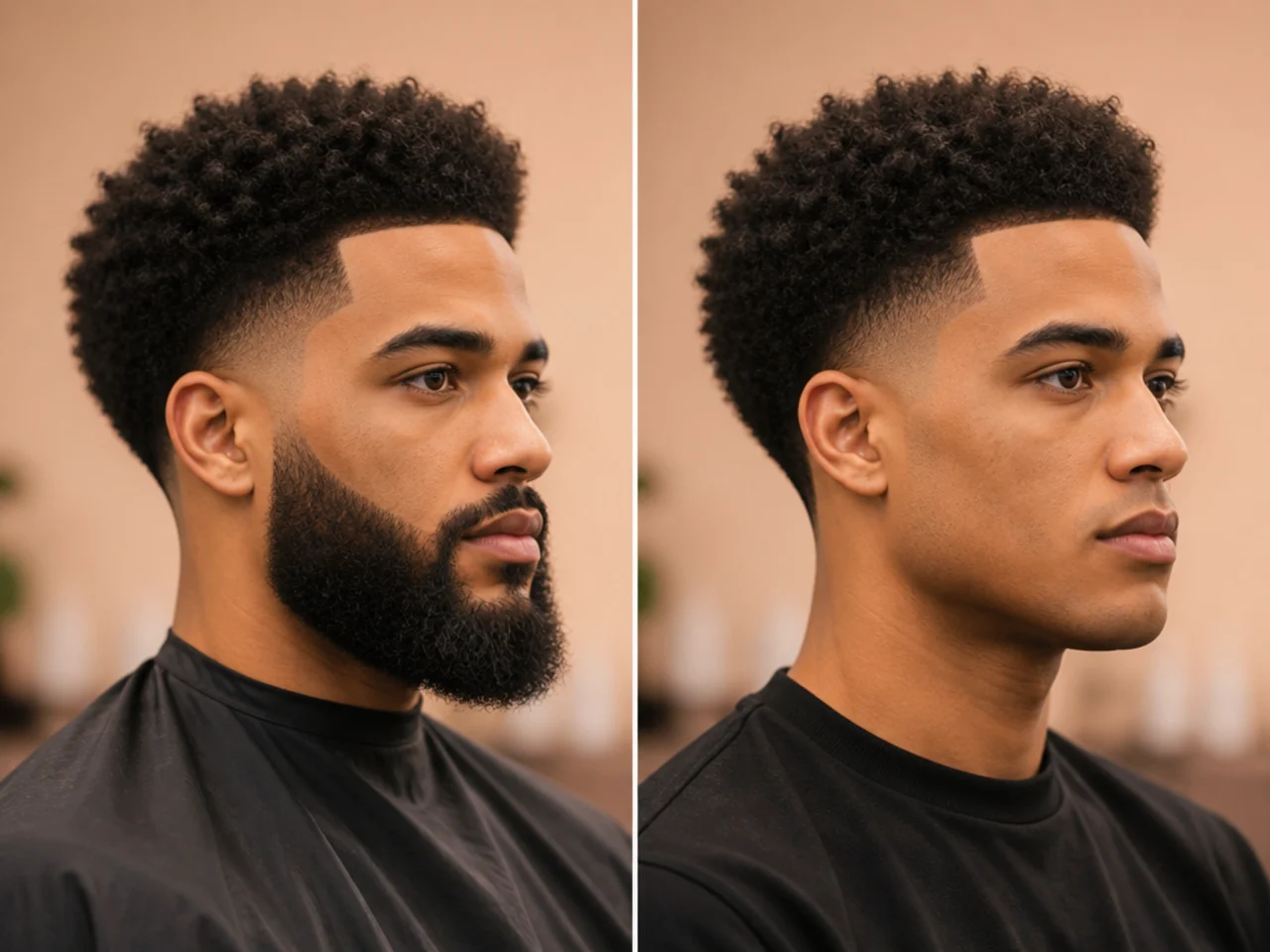 Two portraits side by side — same afro taper fade on a Black man with a full beard on the left and clean-shaven on the right, both frames reading balanced