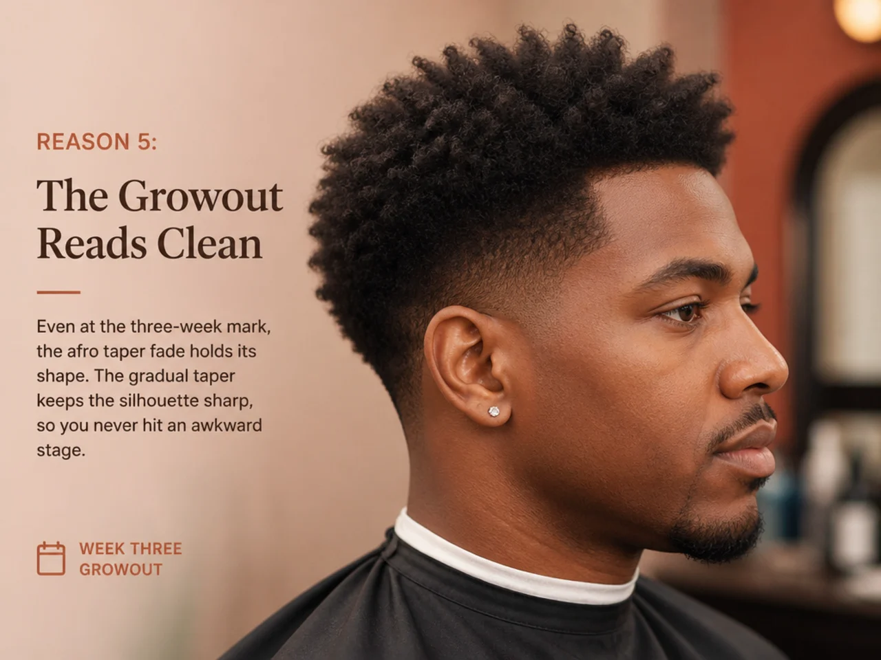 Week-three afro taper fade growout still looking styled and intentional on a Black man with a picked-out 4A afro top