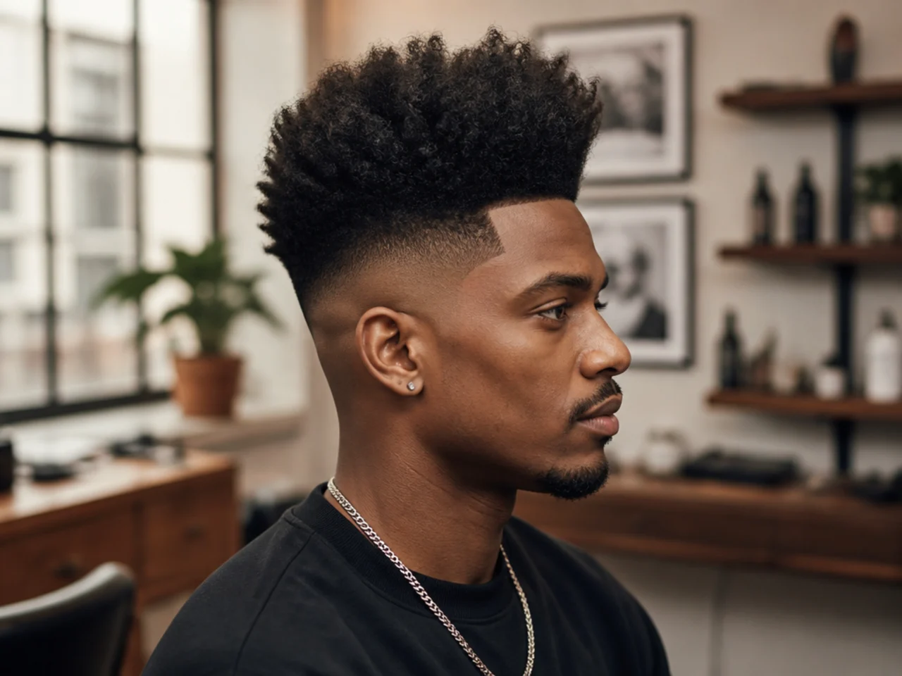 Black man in a creative-industry setting wearing a high skin fade with a tall afro — an example of when the skin fade beats the taper