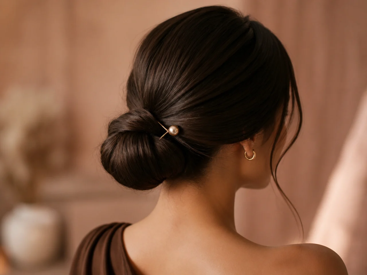 An elegant low bun with a single decorative pin