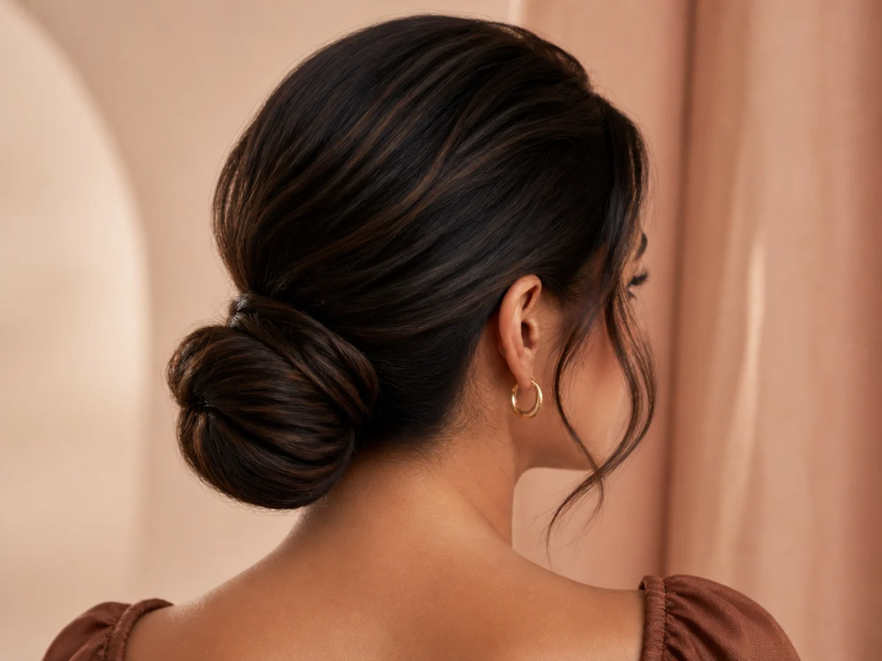 An elegant low bun on thick hair