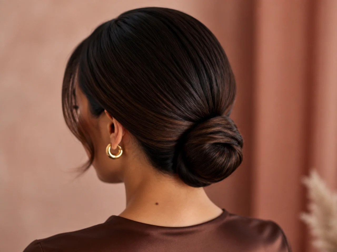 An elegant low bun with a deep side part