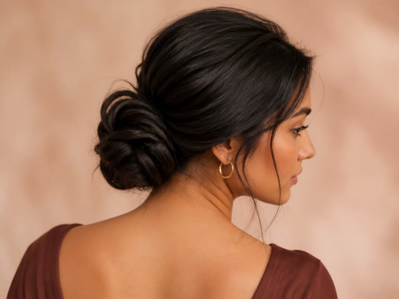 Three-quarter view of an elegant low chignon