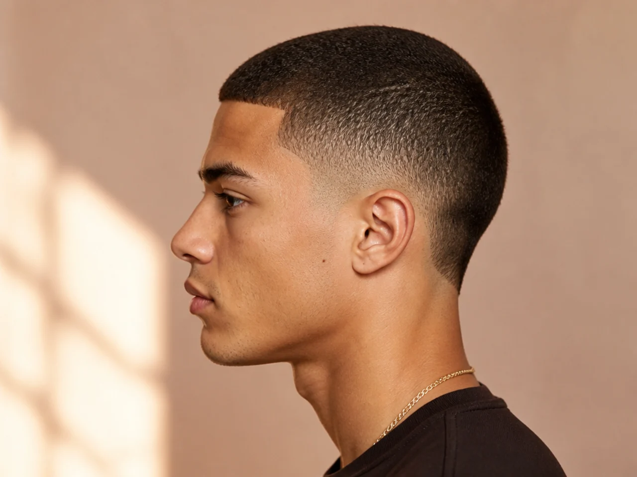Low burst fade with a short buzz cut on top