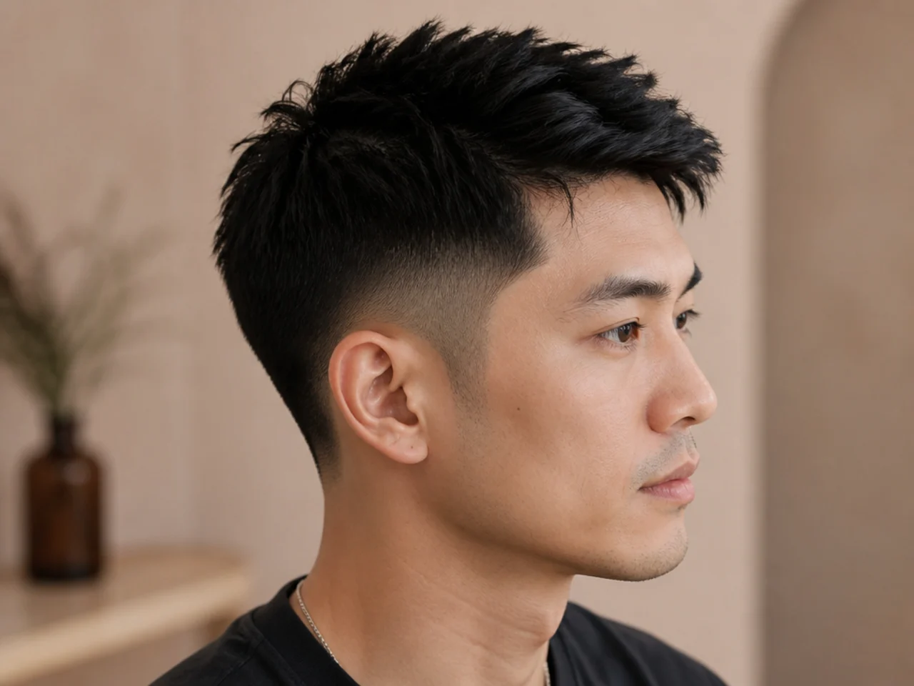 Low burst fade on Asian hair with a soft textured top