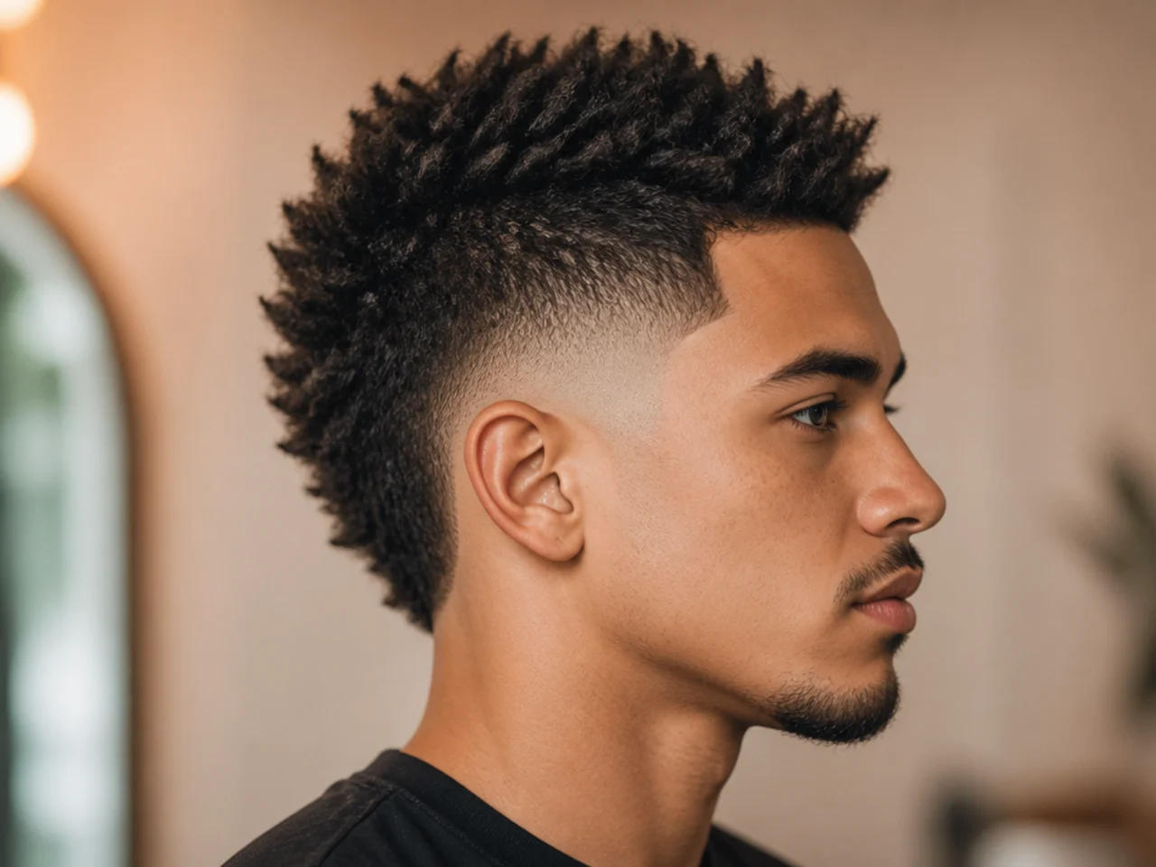 Low burst fade with a subtle mohawk strip