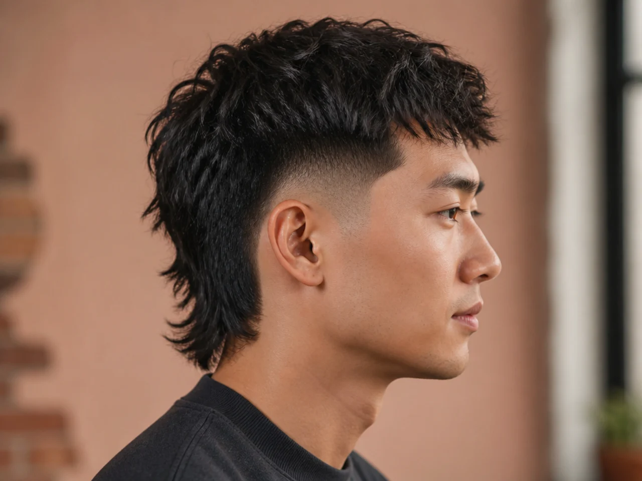 Low burst fade with a modern mullet on wavy hair