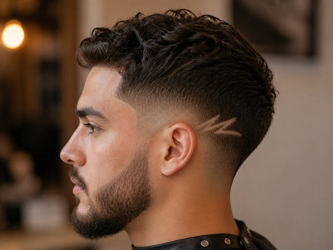 Low burst fade with a shaved line design