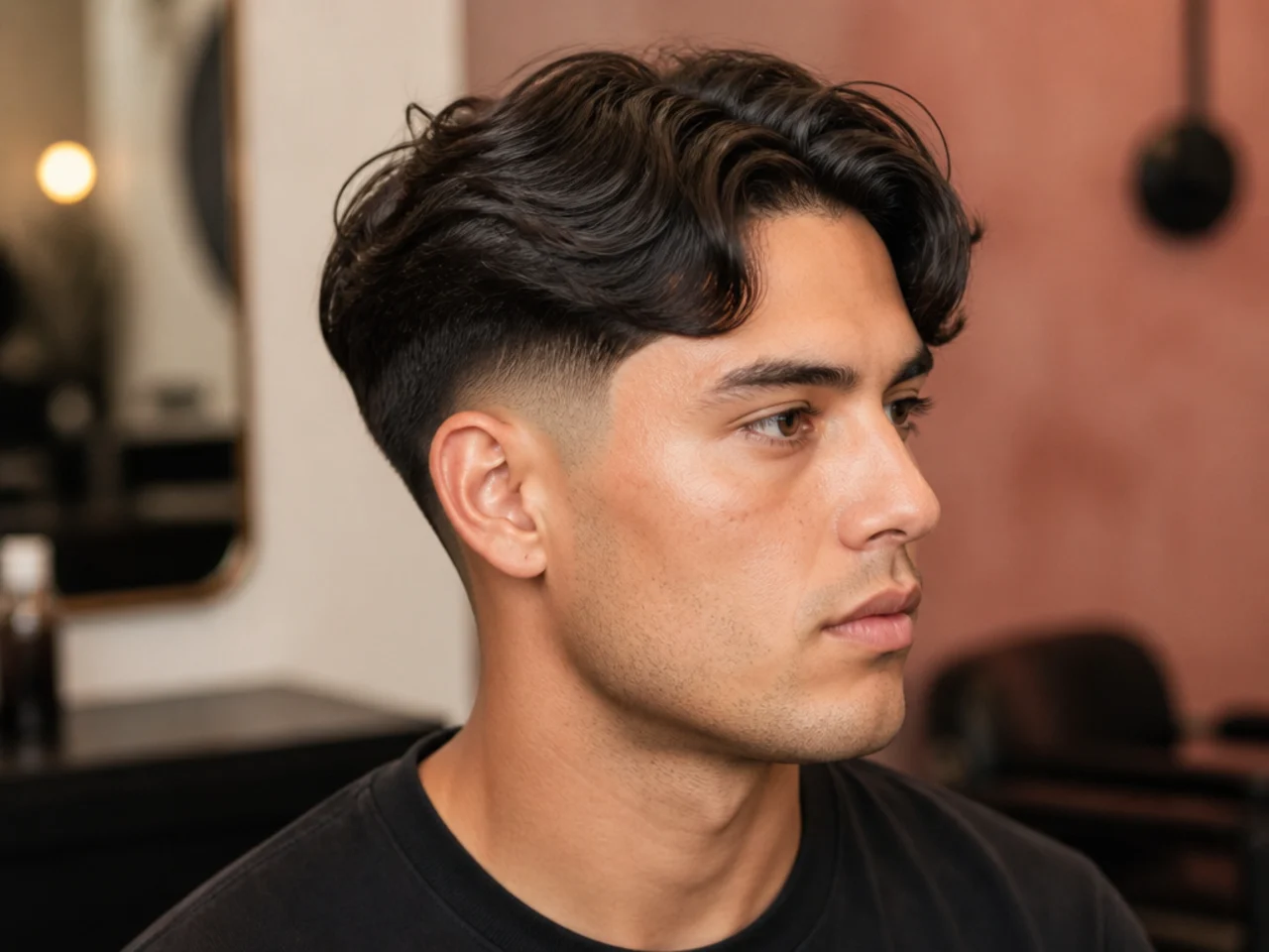 Low burst fade with a middle part on wavy hair