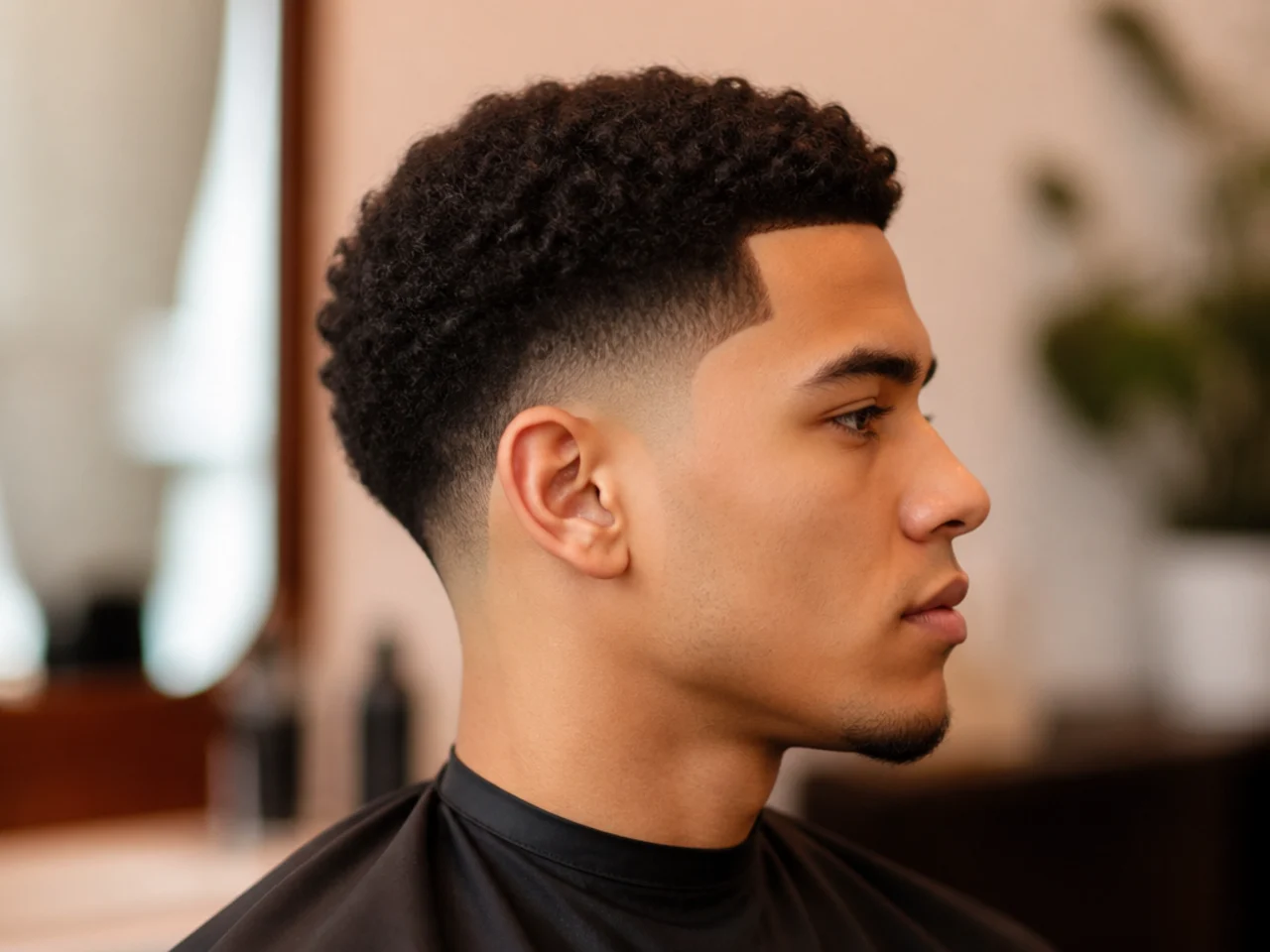 Barber pointing to a mirror while a client checks the finished low cut taper fade