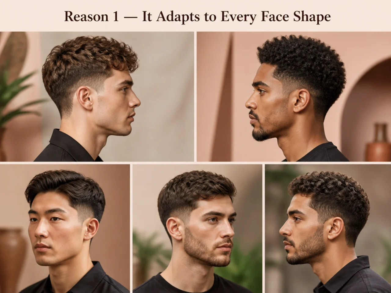 Four men with different face shapes wearing the same low cut taper fade