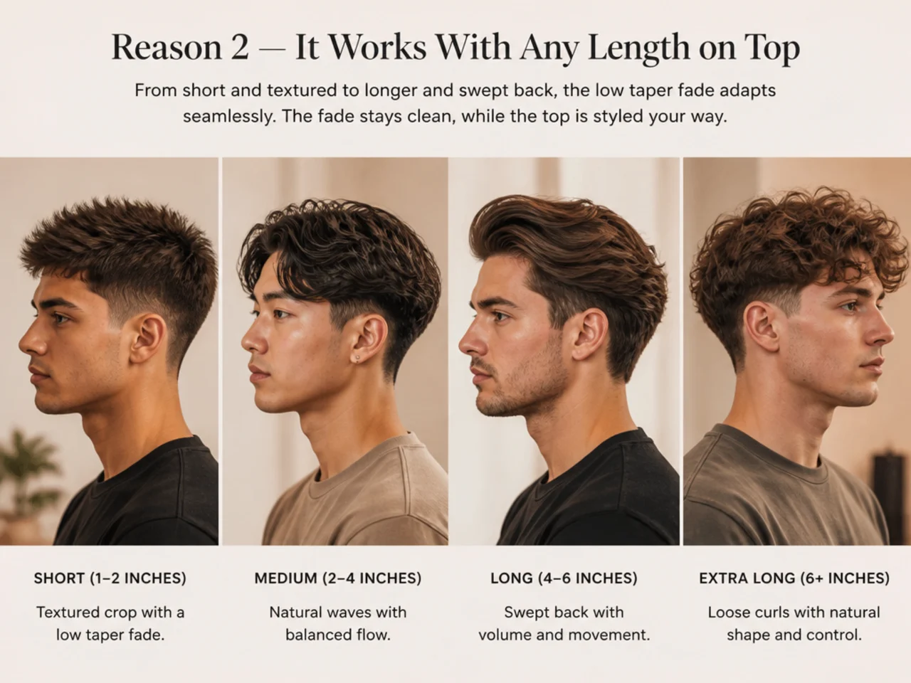 Low cut taper fade paired with medium length hair pushed back