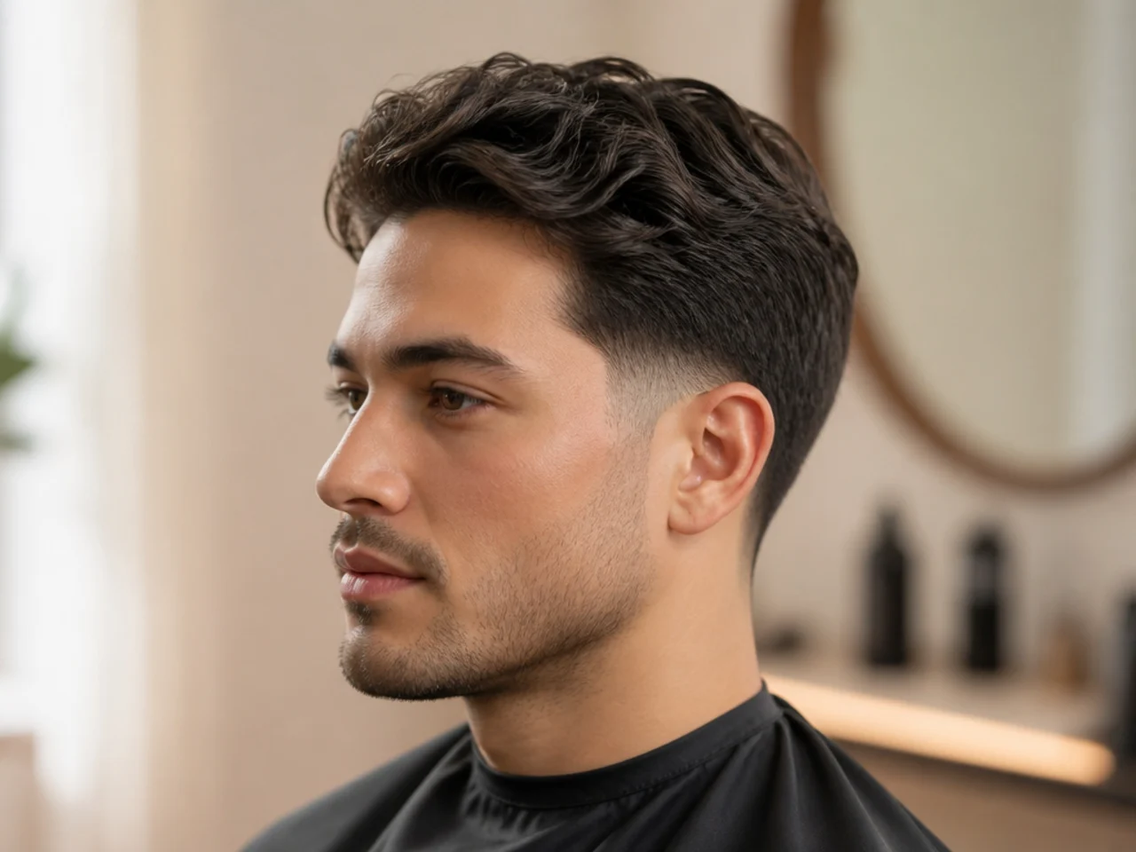 Man in a navy blazer wearing a clean low cut taper fade