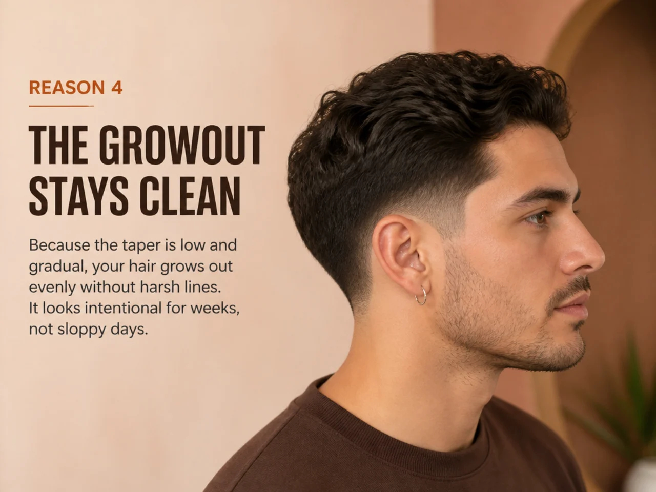 Low cut taper fade at three weeks post-cut, still looking intentional