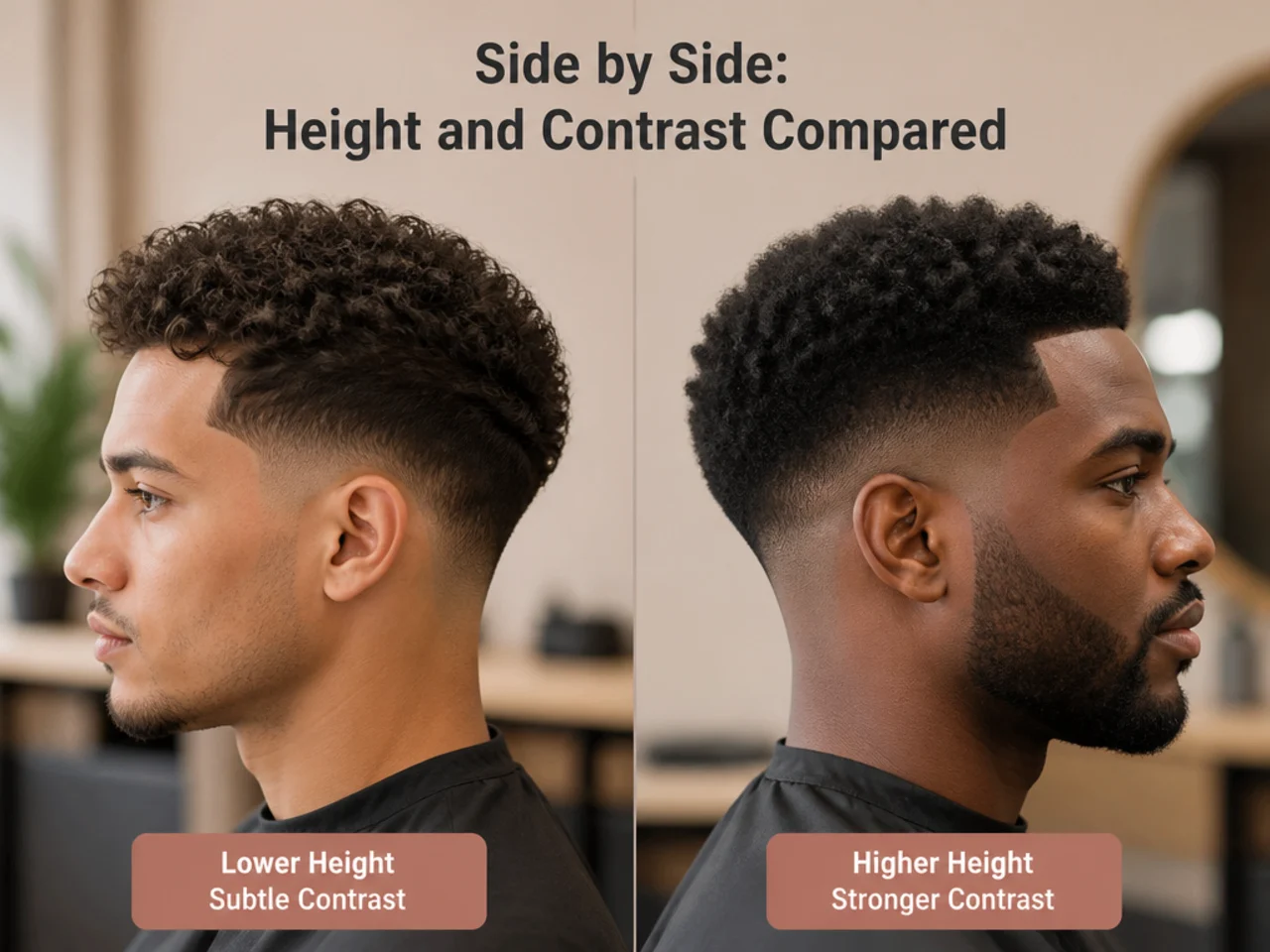 Four fade heights lined up — low taper, low fade, mid fade, high taper